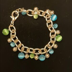 Silver tone Bracelet with Blue and Green Beads
